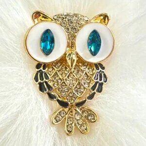 Owl Brooch Rhinestone Enamel Pin Gold Gems Colorful Coat Hat Lapel Big Eyes